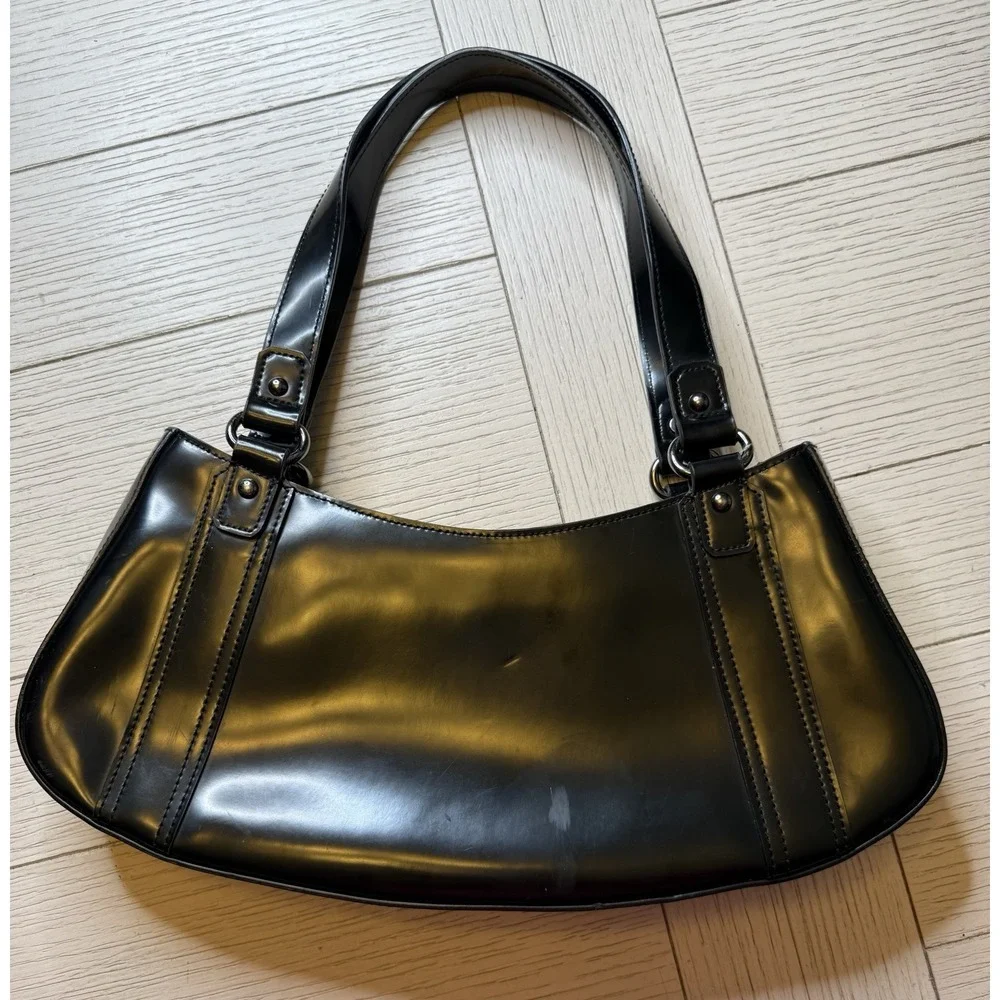 Guess Patent Faux Leather Black Y2k Double Handle Shoulder Bag Zip Close Boho